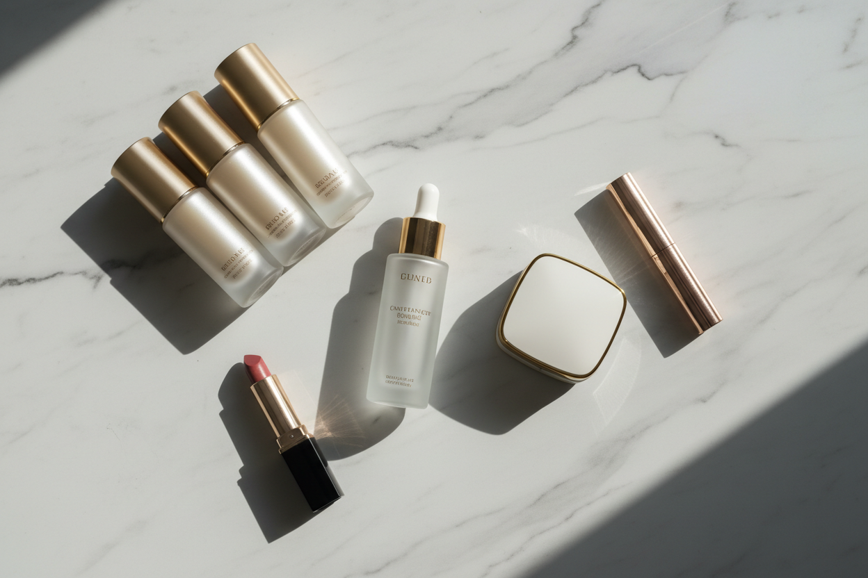 an asthetic image of cosmetics prducts on a clean surface